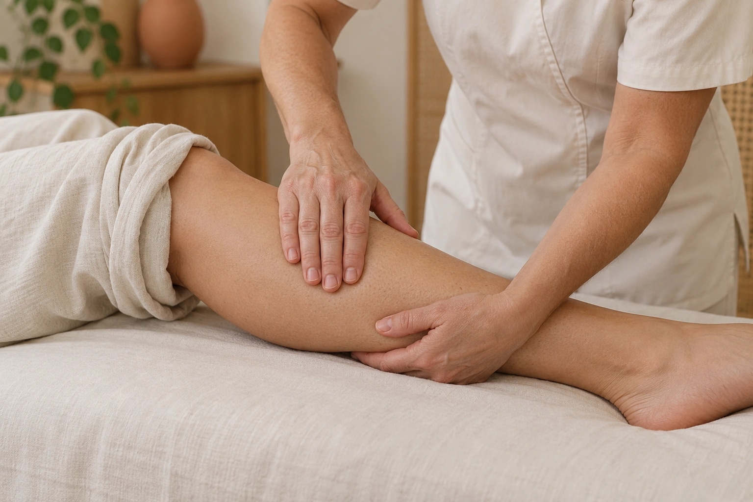 Gestes manuels de drainage sur une jambe, dans une ambiance de soin douce